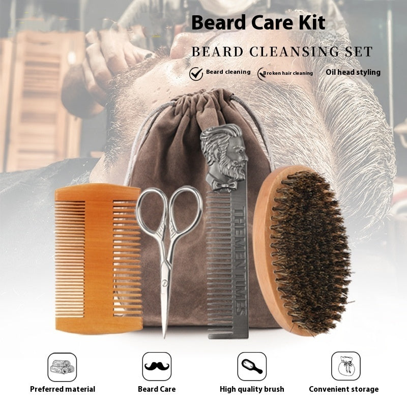 Men's Beard Shape Suit Solid Wood Bristle Beard Brush Set Suit