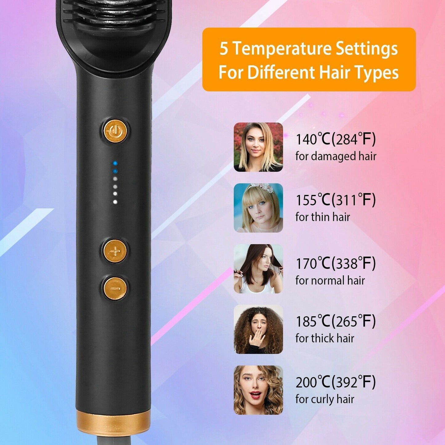 2-in-1 Electric Hair Straightener Brush Hot Comb Adjustment Heat Styling Curler