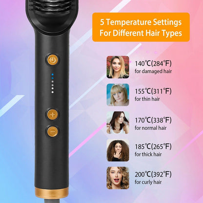 2-in-1 Electric Hair Straightener Brush Hot Comb Adjustment Heat Styling Curler