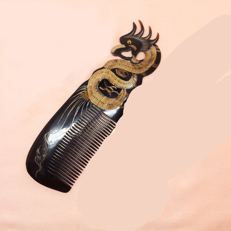 Large Carved Dragon And Phoenix Ox Horn Comb